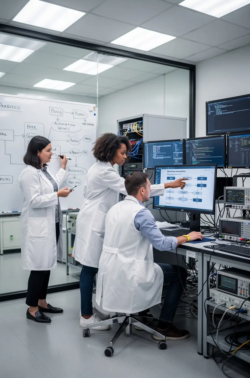 Graphic showing a flowchart with automated steps replacing manual tasks in a business process.